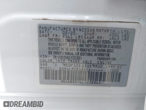 2020 Nissan Sentra SR z VIN 3N1AB8DV6LY228861, wystawiony jako IAAI lot #42225193 z przebiegiem 91 399 mil mil oraz . Historia ofert i sprzedaży dostępna na DreamBid. Obrazek 9.