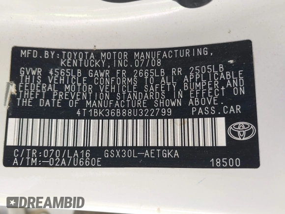 2008 Toyota Avalon XL with VIN 4T1BK36B88U322799, listed as a IAAI auction lot 42183577 with 185,655 mi miles. Bid and sale history available at carsss.com. Image 9.