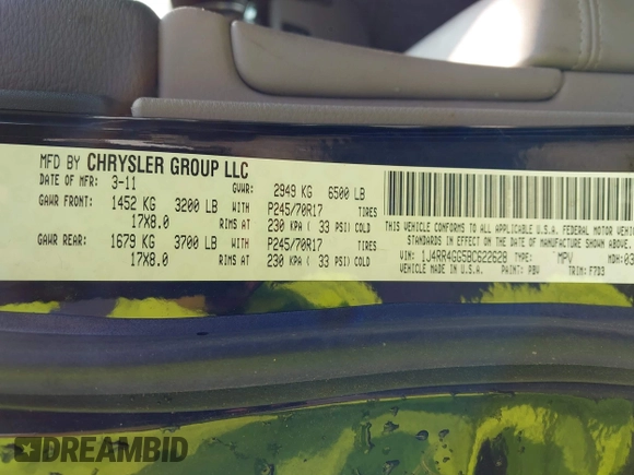 2011 Jeep Grand Cherokee Laredo with VIN 1J4RR4GG5BC622628, listed as a IAAI auction lot 42402893 with 163,731 mi miles and . Bid and sale history available at DreamBid. Image 9.
