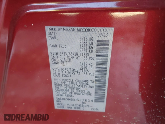 2014 Nissan Pathfinder Platinum with VIN 5N1AR2MM6EC627614, listed as a IAAI auction lot 41420846 with 141,342 mi miles and . Bid and sale history available at DreamBid. Image 9.