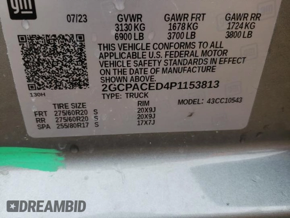 2023 Chevrolet Silverado 1500 LT with VIN 2GCPACED4P1153813, listed as a Copart auction lot 44758635 with 33,784 mi miles and Salvage Title. Bid and sale history available at DreamBid. Image 12.
