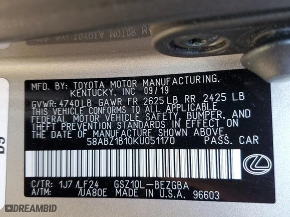 2019 Lexus ES with VIN 58ABZ1B10KU051170, listed as a Copart auction lot 85353424 with 68,345 mi miles and Salvage Title. Bid and sale history available at carsss.com. Image 14.