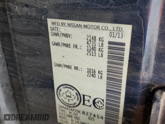 2013 Nissan Maxima S z VIN 1N4AA5AP2DC827454, wystawiony jako Copart lot #47682165 z przebiegiem 228 242 mil mil oraz Szkoda całkowita • Salvage title. Historia ofert i sprzedaży dostępna na DreamBid. Obrazek 12.