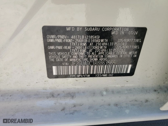 2024 Subaru Crosstrek Premium with VIN JF2GUADC3R8863565, listed as a Copart auction lot 49976295 with 7,029 mi miles and Salvage Title. Bid and sale history available at carsss.com. Image 13.