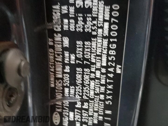 2011 Kia Sorento LX with VIN 5XYKT4A25BG100700, listed as a Copart auction lot 50430305 with 134,764 mi miles and Salvage Title. Bid and sale history available at DreamBid. Image 12.