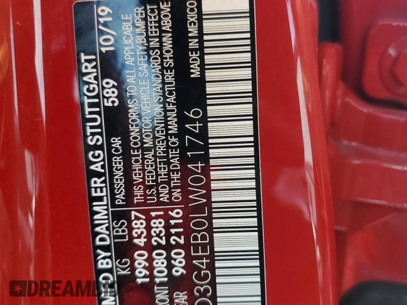 2020 Mercedes-Benz A 220 with VIN WDD3G4EB0LW041746, listed as a Copart auction lot 58965755 with 47,350 mi miles and Clean title. Bid and sale history available at DreamBid. Image 12.
