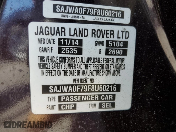 2015 Jaguar XF V6 Portfolio with VIN SAJWA0F79F8U60216, listed as a Copart auction lot 54969245 with 88,954 mi miles and Salvage Title. Bid and sale history available at carsss.com. Image 13.