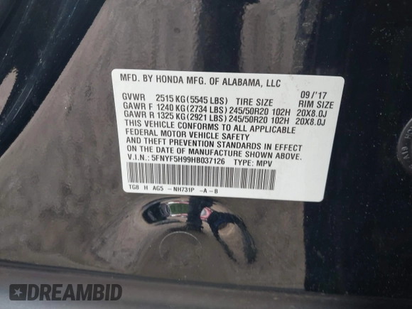 2017 Honda Pilot Touring with VIN 5FNYF5H99HB037126, listed as a IAAI auction lot 42275048 with 164,289 mi miles and . Bid and sale history available at DreamBid. Image 9.
