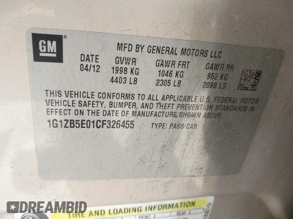 2012 Chevrolet Malibu 1LS with VIN 1G1ZB5E01CF326455, listed as a IAAI auction lot 42081315 with 85,664 mi miles and . Bid and sale history available at DreamBid. Image 9.