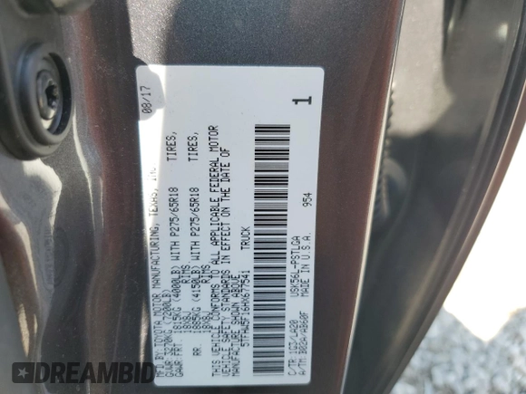 2017 Toyota Tundra Limited with VIN 5TFHW5F16HX677541, listed as a Copart auction lot 61197495 with 50,140 mi miles and Salvage title. Bid and sale history available at DreamBid. Image 12.