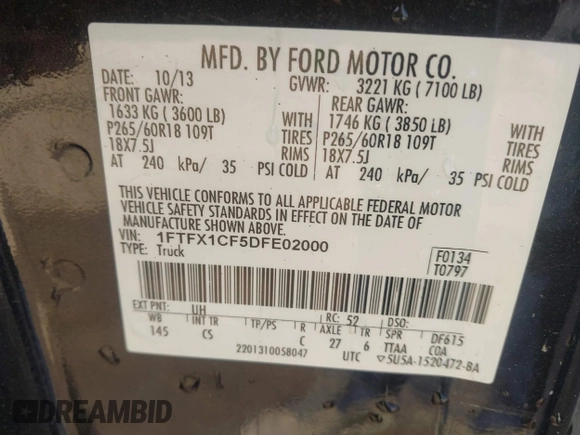2013 Ford F-150 XL with VIN 1FTFX1CF5DFE02000, listed as a IAAI auction lot 41864702 with 185,992 mi miles. Bid and sale history available at carsss.com. Image 9.