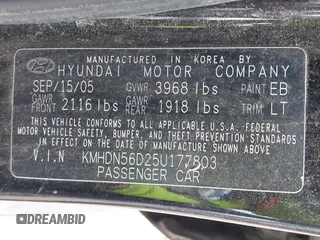 2005 Hyundai Elantra GLS with VIN KMHDN56D25U177803, listed as a IAAI auction lot 41737872 with 189,693 mi miles and . Bid and sale history available at DreamBid. Image 9.