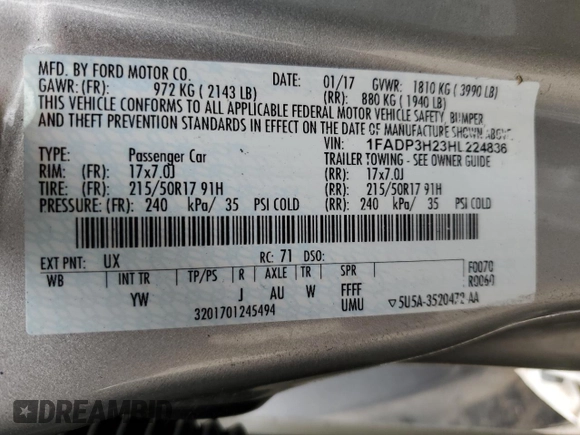 2017 Ford Focus SEL with VIN 1FADP3H23HL224836, listed as a Copart auction lot 48696465 with 137,285 mi miles and Salvage Title. Bid and sale history available at carsss.com. Image 12.