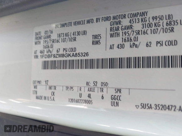 2016 Ford Transit с VIN 1FDBF9ZM8GKA85326, выставлен на аукционе IAAI как лот 42427897 с пробегом Не указан миль и . История ставок и продаж доступна на DreamBid. Изображение 9.