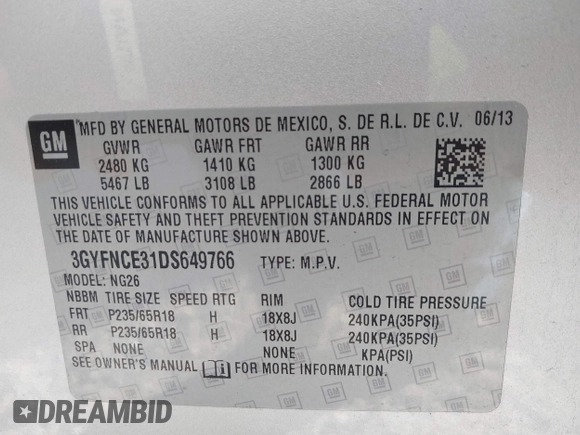 2013 Cadillac SRX Luxury Collection with VIN 3GYFNCE31DS649766, listed as a IAAI auction lot 41845466 with 101,451 mi miles and . Bid and sale history available at carsss.com. Image 9.