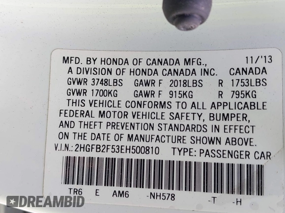 2014 Honda Civic Sedan LX with VIN 2HGFB2F53EH500810, listed as a IAAI auction lot 41952317 with 137,567 mi miles. Bid and sale history available at carsss.com. Image 9.