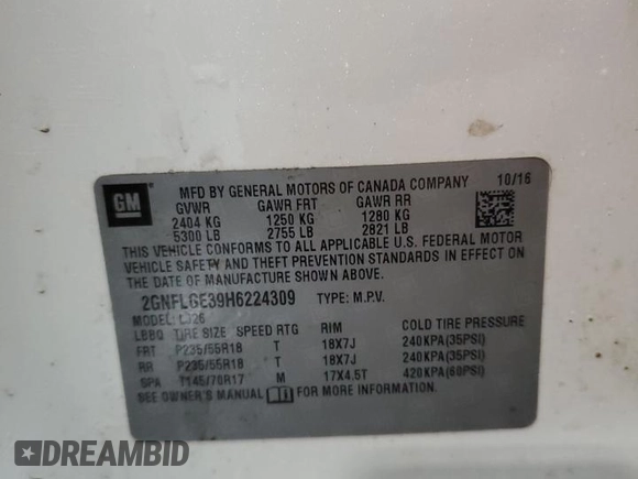 2017 Chevrolet Equinox Premier with VIN 2GNFLGE39H6224309, listed as a Copart auction lot 49394945 with 125,343 mi miles and Salvage Title. Bid and sale history available at carsss.com. Image 14.