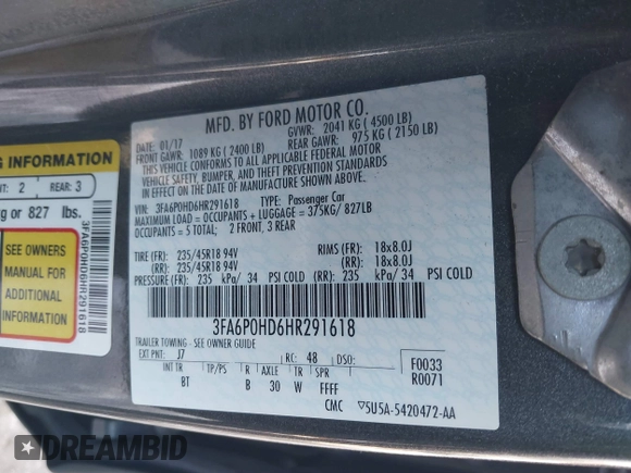 2017 Ford Fusion SE with VIN 3FA6P0HD6HR291618, listed as a IAAI auction lot 41649672 with 63,875 mi miles. Bid and sale history available at carsss.com. Image 9.