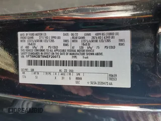 2022 Ford F-250 XL with VIN 1FT8W2BT8NEF20073, listed as a Copart auction lot 88483055 with 66,722 mi miles and Salvage title. Bid and sale history available at DreamBid. Image 14.