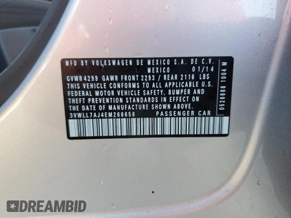 2014 Volkswagen Jetta TDI w/Premium/Nav z VIN 3VWLL7AJ4EM266658, wystawiony jako Copart lot #50797425 z przebiegiem 121 835 mil mil oraz Nie do naprawy • Non repairable. Historia ofert i sprzedaży dostępna na DreamBid. Obrazek 13.