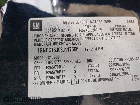 2008 Chevrolet Tahoe 1LT z VIN 1GNFC13J08J117666, wystawiony jako IAAI lot #41866421 z przebiegiem 208 043 mil mil oraz . Historia ofert i sprzedaży dostępna na DreamBid. Obrazek 9.