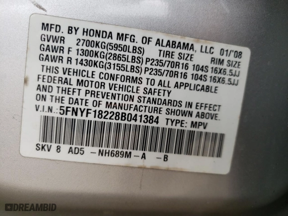 2008 Honda Pilot VP with VIN 5FNYF18228B041384, listed as a Copart auction lot 53548735 with 97,371 mi miles and Salvage Title. Bid and sale history available at carsss.com. Image 13.