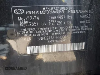 2015 Hyundai Sonata 2.4L SE with VIN 5NPE24AF9FH001329, listed as a IAAI auction lot 41854603 with 104,124 mi miles. Bid and sale history available at carsss.com. Image 9.