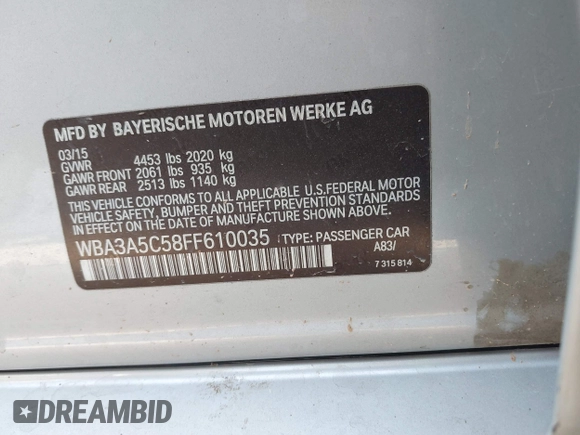 2015 BMW 3 Series 328i with VIN WBA3A5C58FF610035, listed as a IAAI auction lot 40986949 with 73,083 mi miles. Bid and sale history available at carsss.com. Image 9.