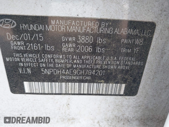 2016 Hyundai Elantra SE with VIN 5NPDH4AE9GH794201, listed as a IAAI auction lot 42391597 with 58,126 mi miles and . Bid and sale history available at DreamBid. Image 9.