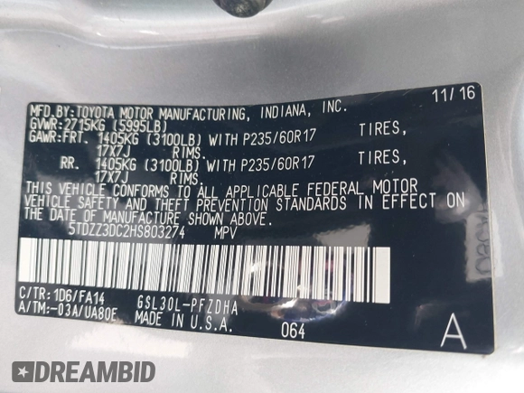 2017 Toyota Sienna L with VIN 5TDZZ3DC2HS803274, listed as a IAAI auction lot 41678577 with 44,427 mi miles and . Bid and sale history available at DreamBid. Image 9.