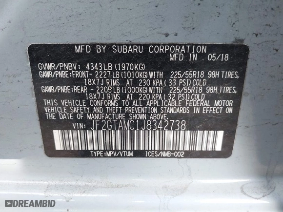 2018 Subaru Crosstrek Limited with VIN JF2GTAMC1J8342738, listed as a IAAI auction lot 41910343 with 131,988 mi miles. Bid and sale history available at carsss.com. Image 9.