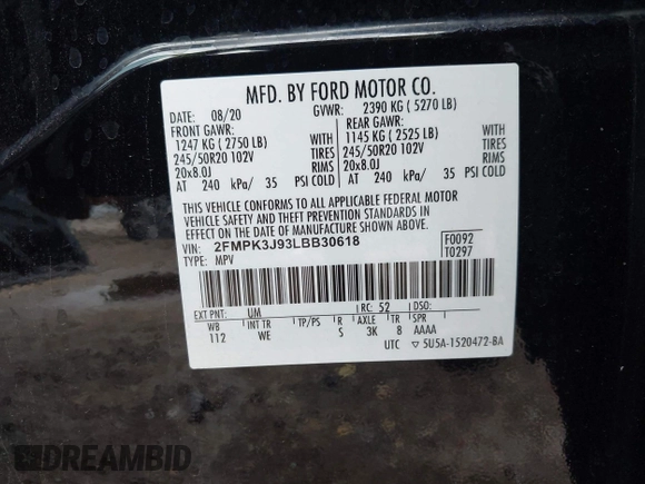 2020 Ford Edge SEL with VIN 2FMPK3J93LBB30618, listed as a IAAI auction lot 42503055 with 40,069 mi miles and . Bid and sale history available at DreamBid. Image 9.