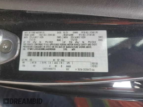 2021 Ford Escape SE с VIN 1FMCU0G69MUA99066, выставлен на аукционе Copart как лот 44684655 с пробегом 95 376 миль миль и Списание • Salvage title. История ставок и продаж доступна на DreamBid. Изображение 14.