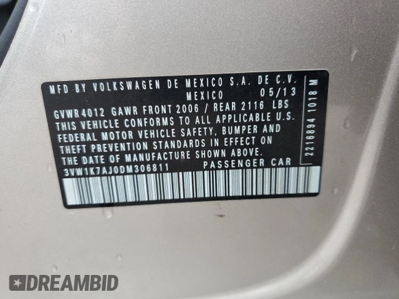 2013 Volkswagen Jetta S with VIN 3VW1K7AJ0DM306811, listed as a Copart auction lot 59671665 with 88,732 mi miles and Clean title. Bid and sale history available at DreamBid. Image 12.
