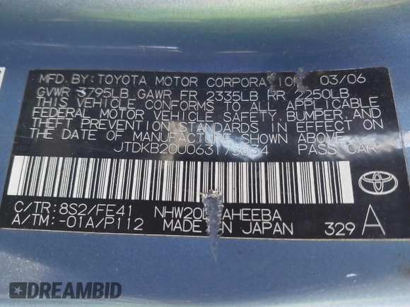 2006 Toyota Prius z VIN JTDKB20U063175034, wystawiony jako IAAI lot #42339383 z przebiegiem Nie podano mil oraz . Historia ofert i sprzedaży dostępna na DreamBid. Obrazek 9.