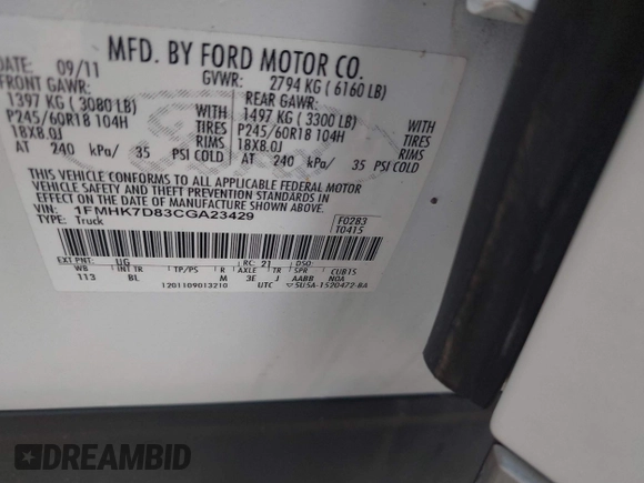 2012 Ford Explorer XLT с VIN 1FMHK7D83CGA23429, выставлен на аукционе IAAI как лот 42058672 с пробегом Не указан миль и . История ставок и продаж доступна на DreamBid. Изображение 9.