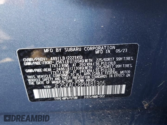 2023 Subaru Forester with VIN JF2SKACC8PH481305, listed as a Copart auction lot 55849705 with 6,534 mi miles and Salvage title. Bid and sale history available at DreamBid. Image 13.