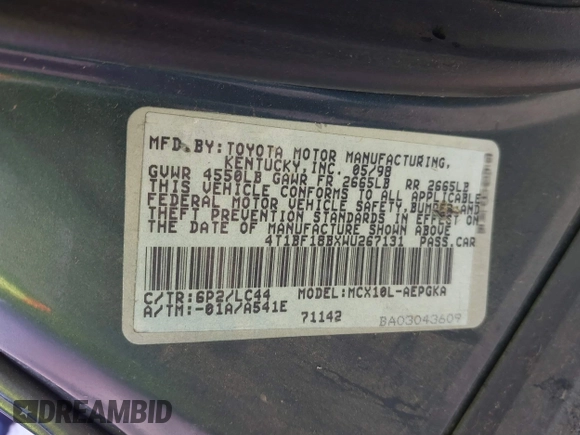 1998 Toyota Avalon XL with VIN 4T1BF18BXWU267131, listed as a IAAI auction lot 41518513 with 208,023 mi miles and . Bid and sale history available at DreamBid. Image 9.