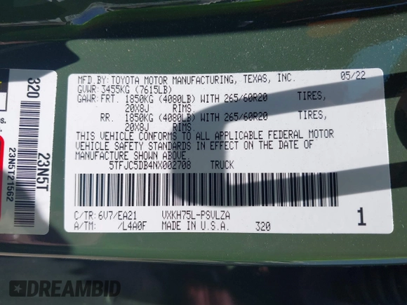 2022 Toyota Tundra Limited Hybrid с VIN 5TFJC5DB4NX002708, выставлен на аукционе IAAI как лот 42749213 с пробегом 30 726 миль миль и . История ставок и продаж доступна на DreamBid. Изображение 9.