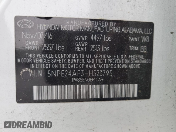 2017 Hyundai Sonata 2.4L with VIN 5NPE24AF3HH523795, listed as a Copart auction lot 51912375 with 90,141 mi miles and Salvage Title. Bid and sale history available at DreamBid. Image 12.