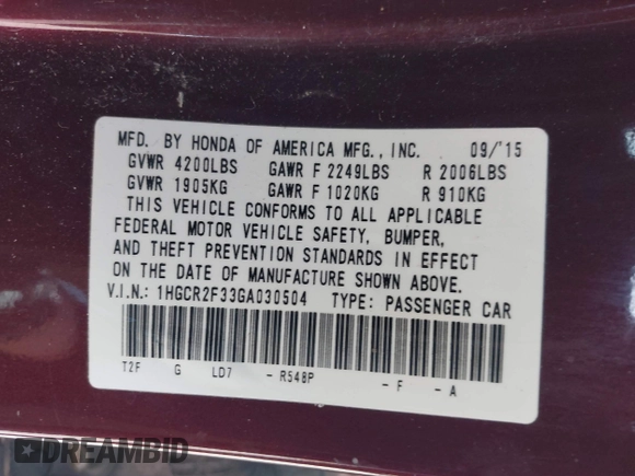 2016 Honda Accord Sedan LX with VIN 1HGCR2F33GA030504, listed as a IAAI auction lot 41954467 with 103,444 mi miles. Bid and sale history available at carsss.com. Image 9.