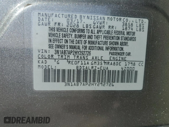 2017 Nissan Sentra SR with VIN 3N1AB7AP2HY292726, listed as a Copart auction lot 59990795 with 113,114 mi miles and Salvage title. Bid and sale history available at DreamBid. Image 13.