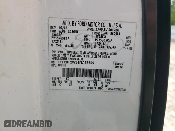 2004 Ford F-150 STX with VIN 1FTRX12W34NA58509, listed as a Copart auction lot 59686855 with 110,777 mi miles and Salvage title. Bid and sale history available at DreamBid. Image 12.