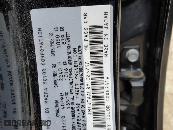 2021 Mazda 3 S z VIN JM1BPAAL8M1323750, wystawiony jako Copart lot #60162145 z przebiegiem 53 235 mil mil oraz Szkoda całkowita • Salvage title. Historia ofert i sprzedaży dostępna na DreamBid. Obrazek 12.