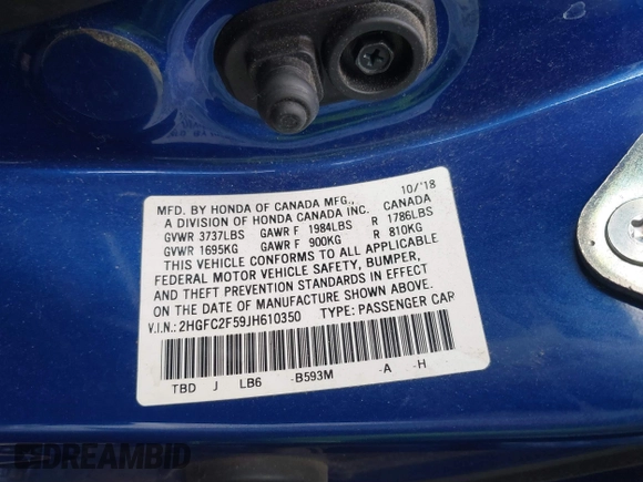 2018 Honda Civic LX with VIN 2HGFC2F59JH610350, listed as a IAAI auction lot 41892911 with 115,501 mi miles and . Bid and sale history available at DreamBid. Image 9.