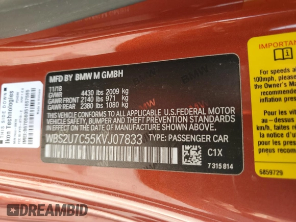2019 BMW M2 Competition with VIN WBS2U7C55KVJ07833, listed as a Copart auction lot 85235774 with 18,959 mi miles and Salvage Title. Bid and sale history available at carsss.com. Image 12.