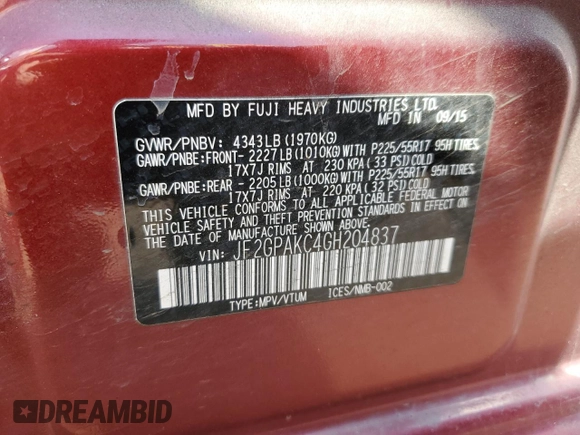 2016 Subaru Crosstrek Limited with VIN JF2GPAKC4GH204837, listed as a Copart auction lot 56280115 with 170,168 mi miles and Salvage title. Bid and sale history available at DreamBid. Image 13.