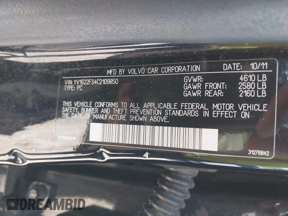 2012 Volvo S60 T5 with VIN YV1622FS4C2109850, listed as a IAAI auction lot 42594576 with 167,546 mi miles and . Bid and sale history available at DreamBid. Image 9.