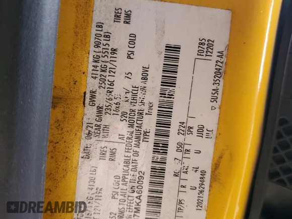 2021 Ford Transit Cargo z VIN 1FTBR1X87MKA60092, wystawiony jako Copart lot #53447065 z przebiegiem 34 771 mil mil oraz Szkoda całkowita • Salvage title. Historia ofert i sprzedaży dostępna na DreamBid. Obrazek 13.