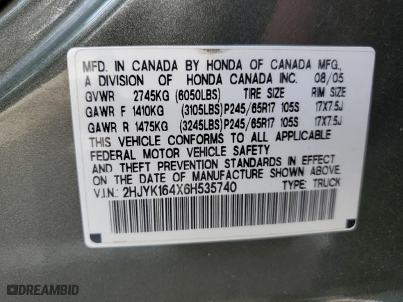 2006 Honda Ridgeline RTS with VIN 2HJYK164X6H535740, listed as a Copart auction lot 51960665 with 182,255 mi miles and Salvage Title. Bid and sale history available at carsss.com. Image 14.